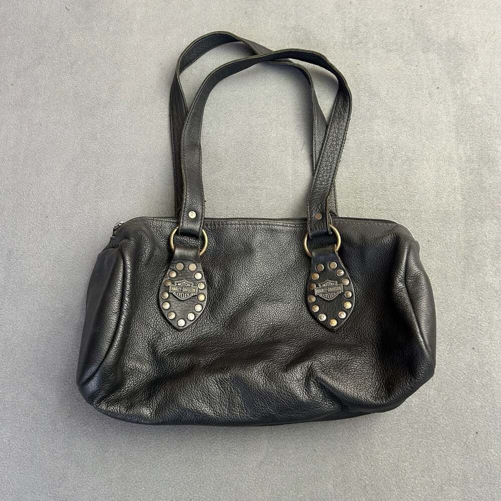 Harley-Davidson Black Leather Barrel Purse With Studs And Logo Badges